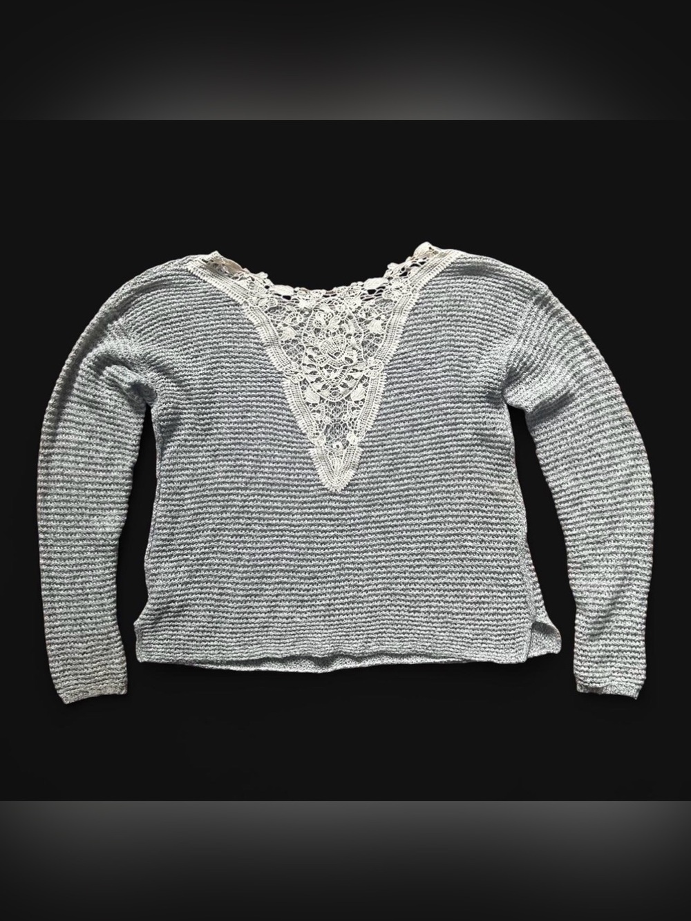 Hollister Light Gray V-Neck Lace-Back Knit Sweater